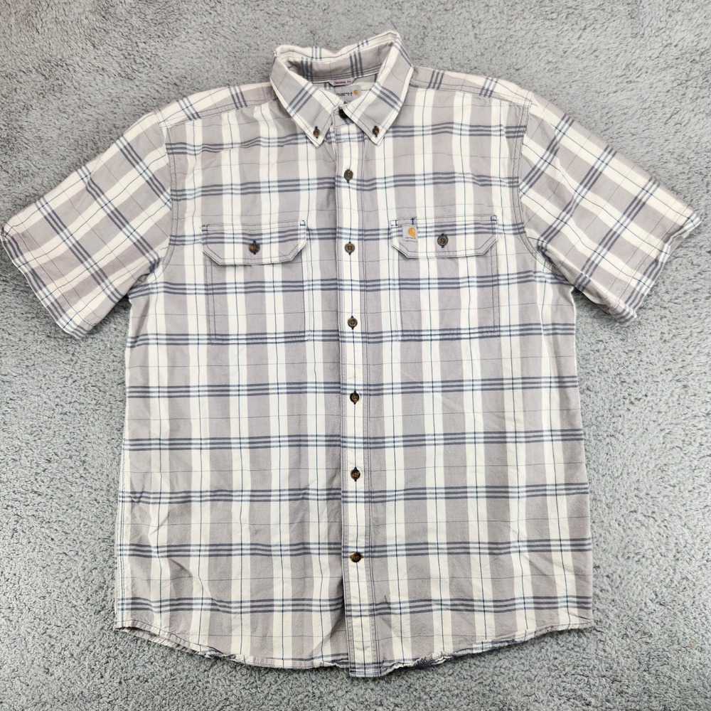 Carhartt Original Fit Plaid Short Sleeve Button Up Shirt Mens L Blue Gray White